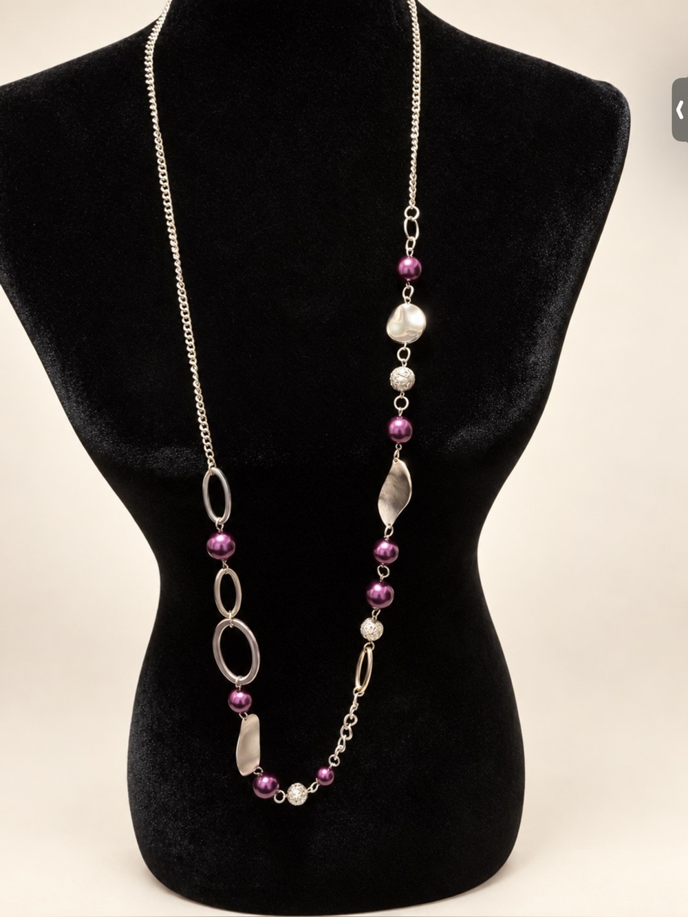 Silver-Plated Necklace with Purple Beads and Pearl Accent